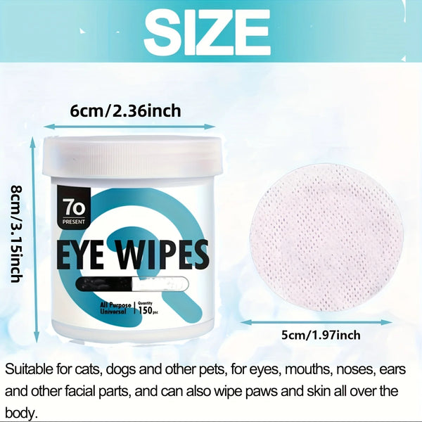 A jar of 7 oz pet eye wipes next to a circular wipe, suitable for cleaning pets' eyes, ears, and facial parts.
