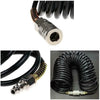A coiled black heavy-duty air compressor hose with a quick coupler and PE adapter.