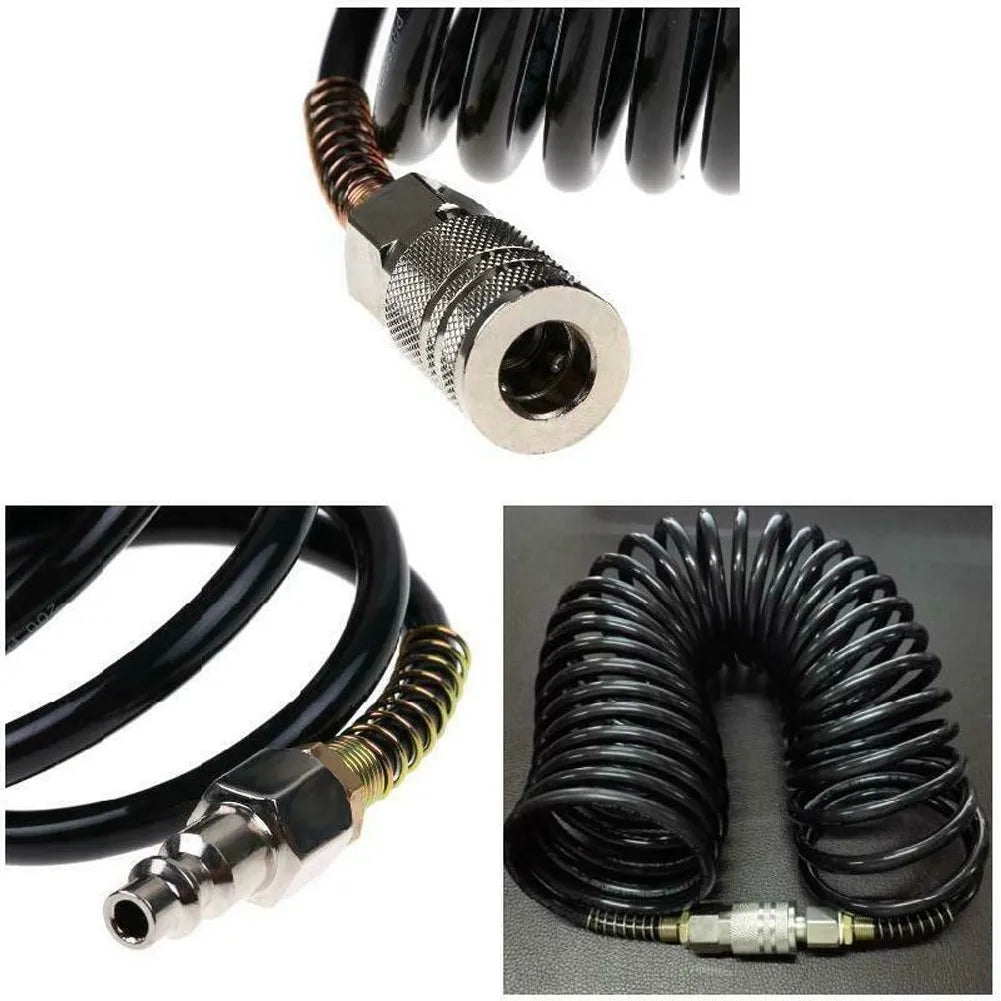 A coiled black heavy-duty air compressor hose with a quick coupler and PE adapter.