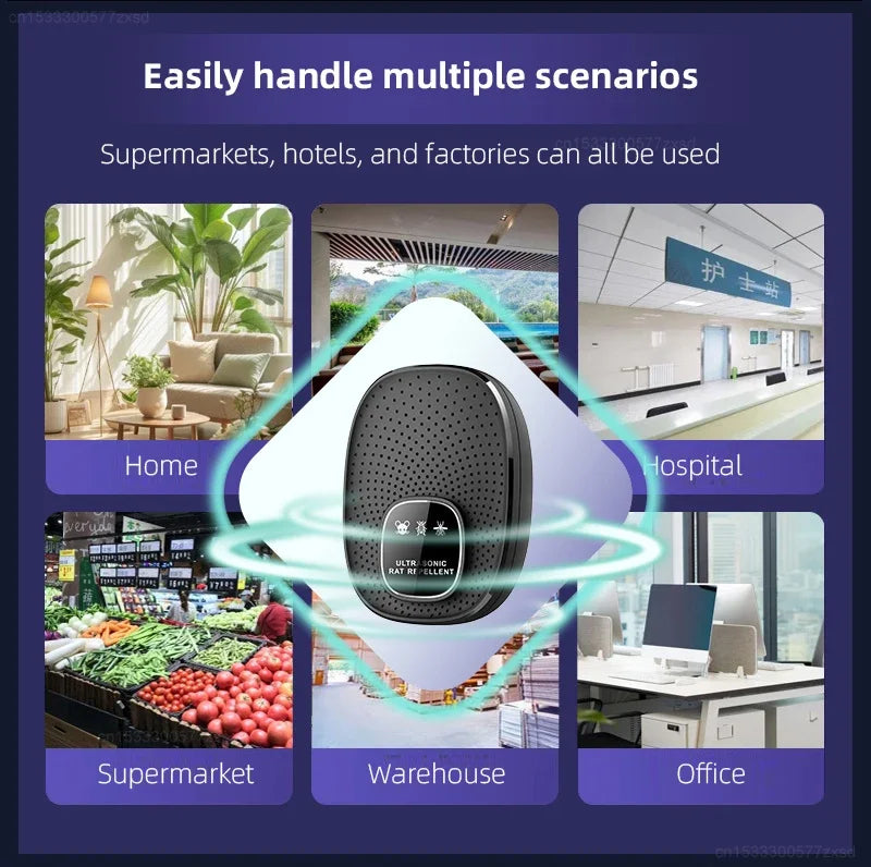 A black ultrasonic rodent repeller device is shown with icons representing various environments like home, hospital, supermar
