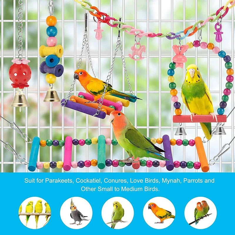 A wooden swing toy featuring colorful beads and chains for small birds like parrots and conures.