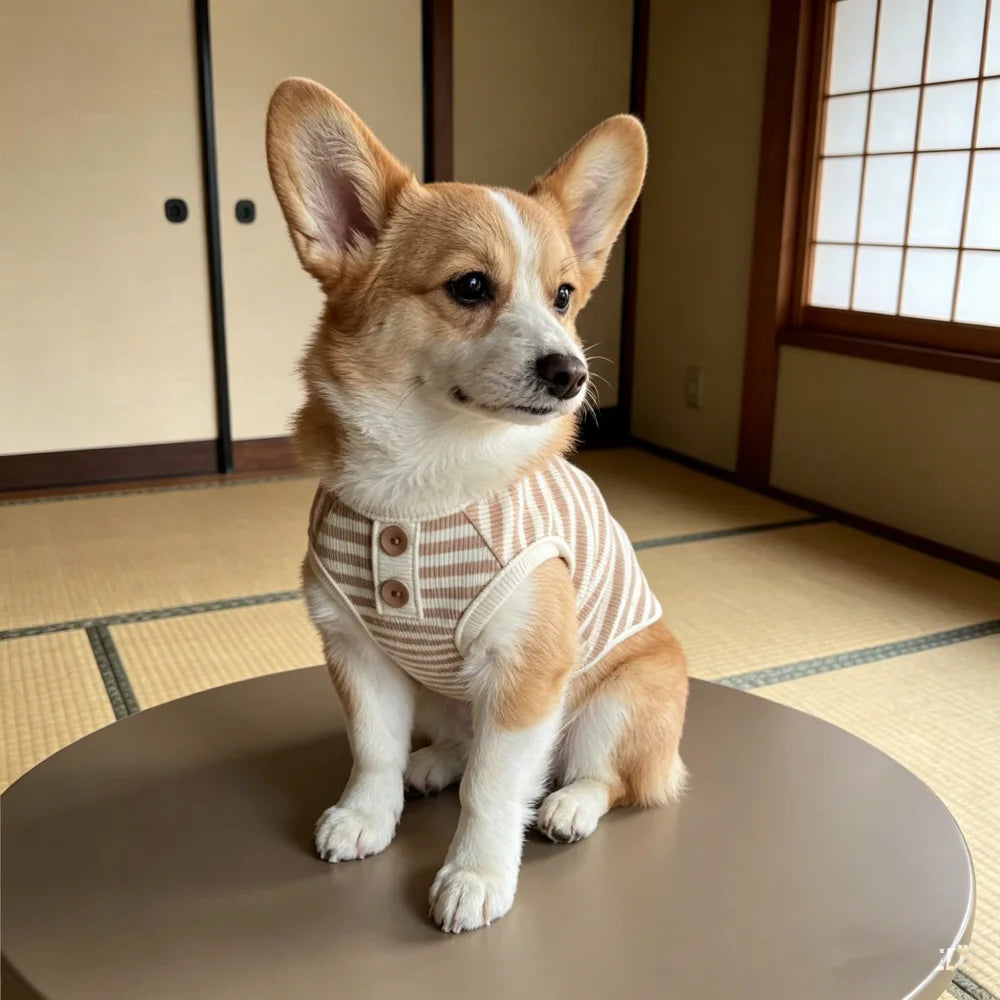 A small, light brown and white dog sits looking to the side on a round table.