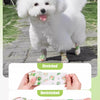 A white poodle is shown alongside examples of a stretched and unstretched self-adhesive dog paw protector bandage.