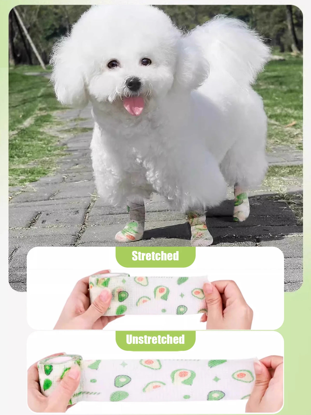 A white poodle is shown alongside examples of a stretched and unstretched self-adhesive dog paw protector bandage.