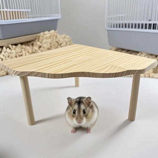 A natural wood hamster play platform with a two-level design, featuring a slanted top and light wooden supports.