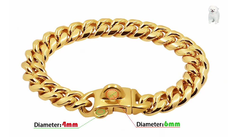 Collier de chien en acier inoxydable couleur or avec design à maillons cubains.