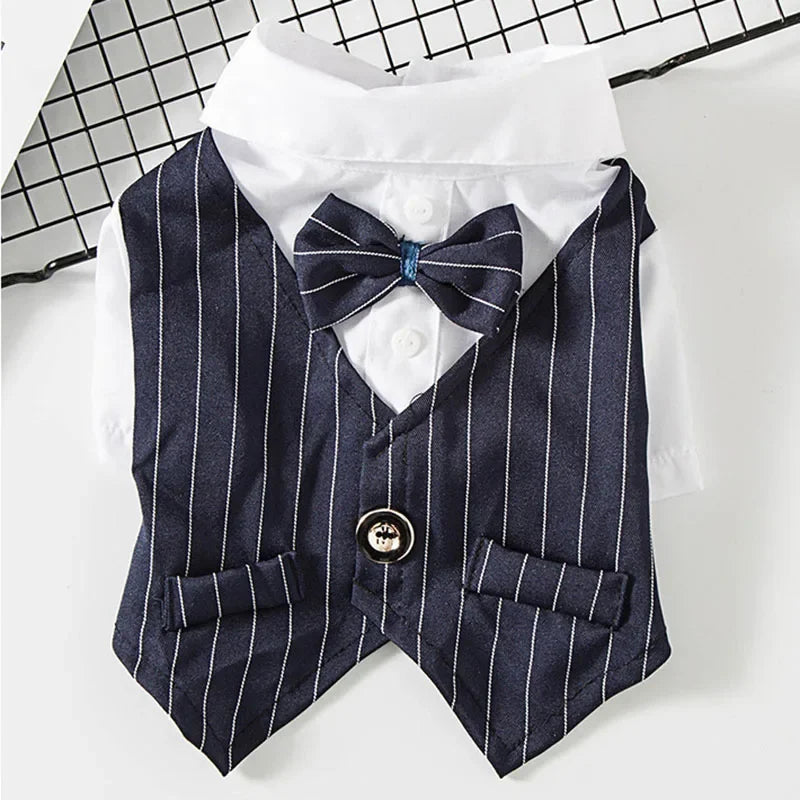 Traje de mascota a rayas azul marino para perros o gatos, con collar y cierre de botón.
