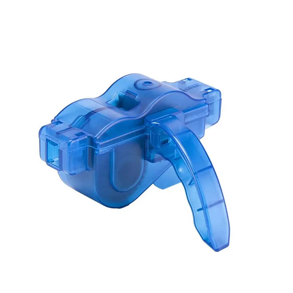 A blue bike chain cleaner tool with a plastic body and a flexible brush system.