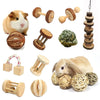 A collection of natural wooden chew toys and toys for small rodents including a rabbit, various wooden chew toys, and woven b