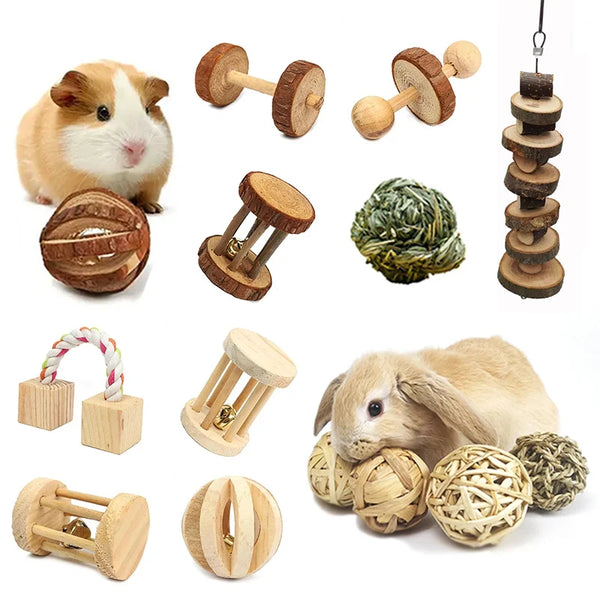 A collection of natural wooden chew toys and toys for small rodents including a rabbit, various wooden chew toys, and woven b