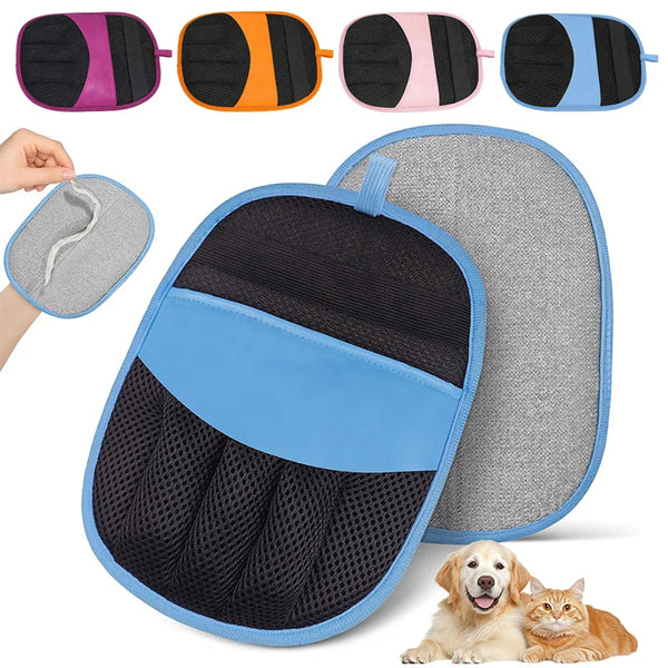 A reusable pet hair removal mitt in blue and black is shown alongside various color options and a dog and cat resting nearby.