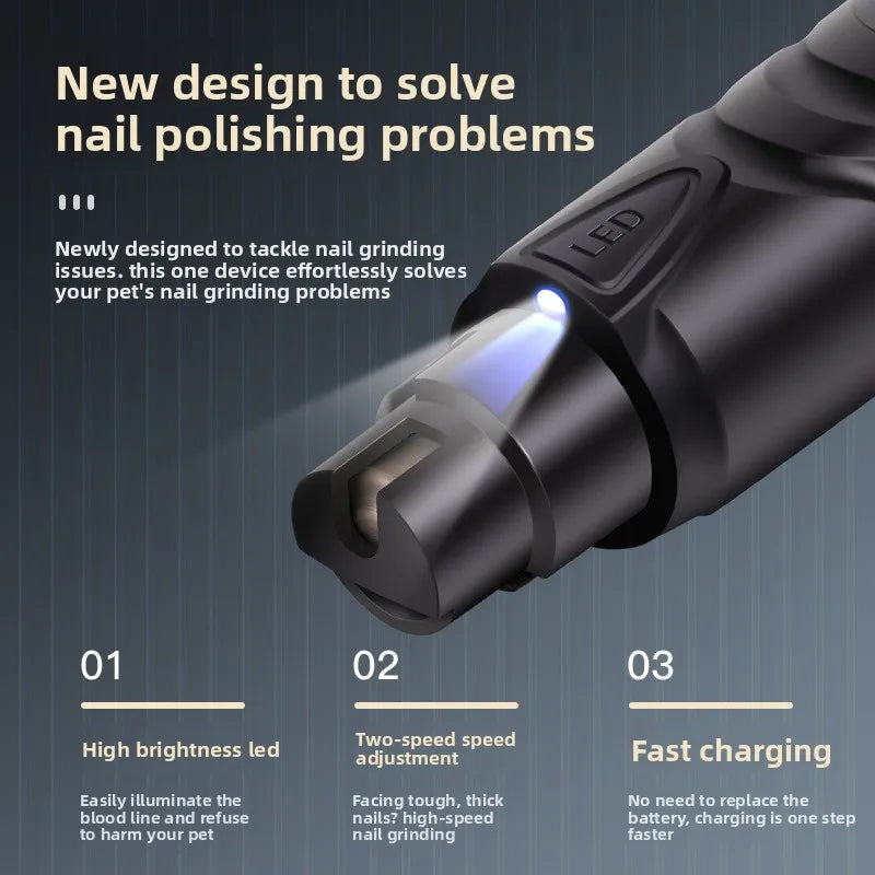 Close-up view of a black LED pet nail grinder device with a light beam, highlighting its design features.