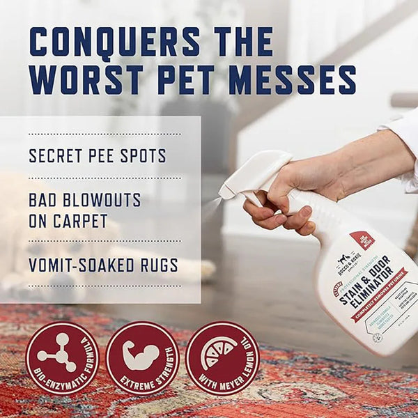A hand holds a white spray bottle of pet enzyme stain odor eliminator near a rug, with text promising to conquer pet messes.