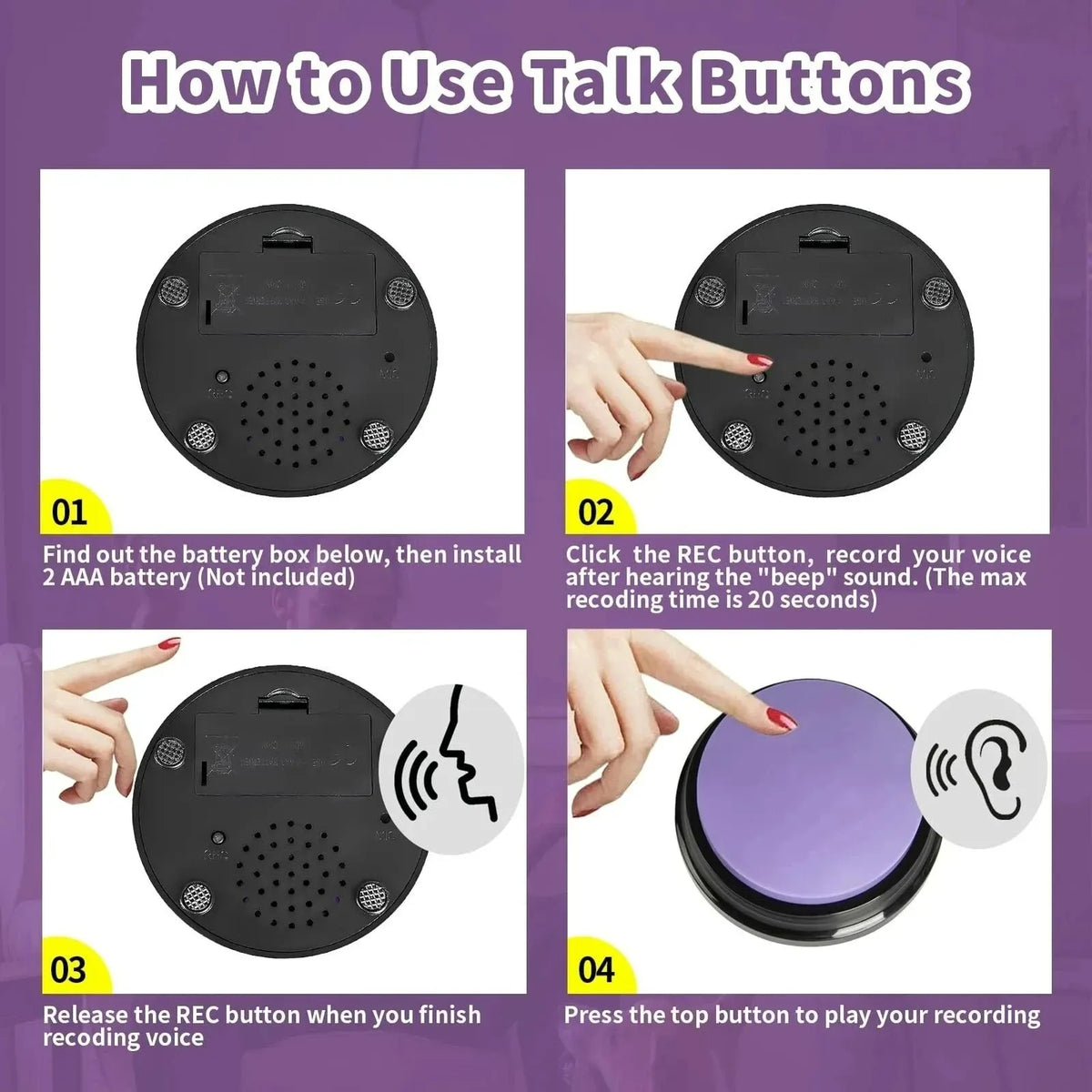 Instructions showing how to use talking pet training buttons for battery installation and voice recording