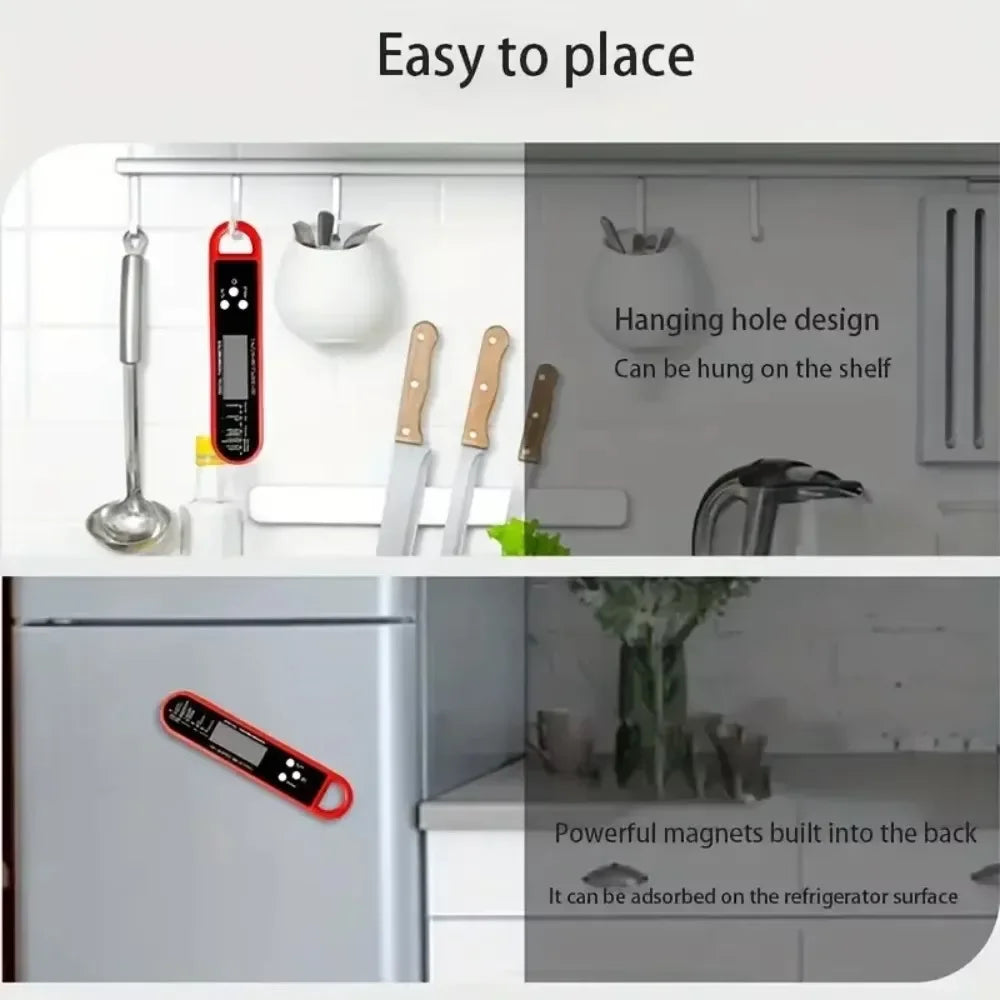 A digital meat thermometer is shown hanging on a hook and being used to measure food.