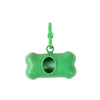 Dispensador portátil de bolsas para mascotas en forma de hueso verde con clip de remolque.