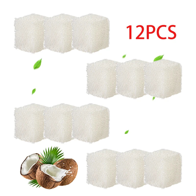 Twelve pieces of white activated carbon replacement filters for cat water fountains.