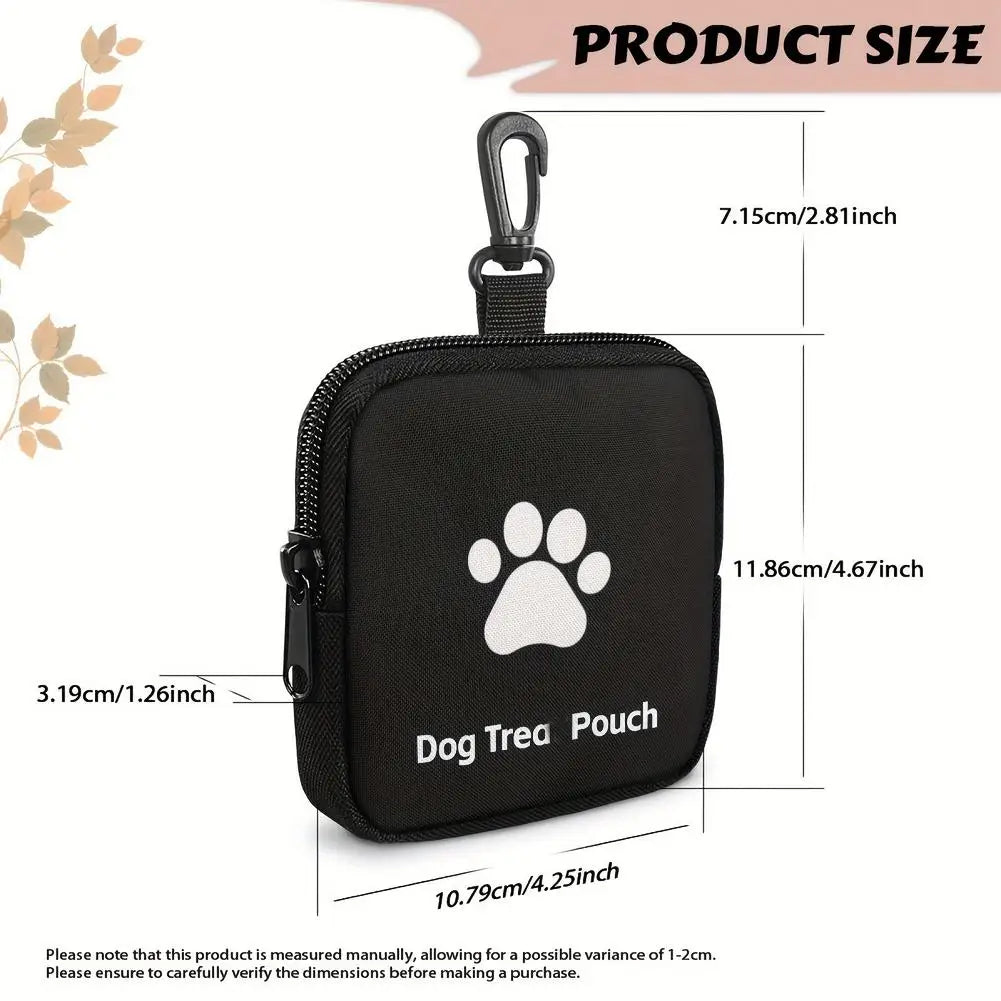Black portable dog treat pouch with a paw print design and adjustable strap.