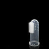 A clear silicone finger toothbrush for dogs with bristles, shown against a black background.