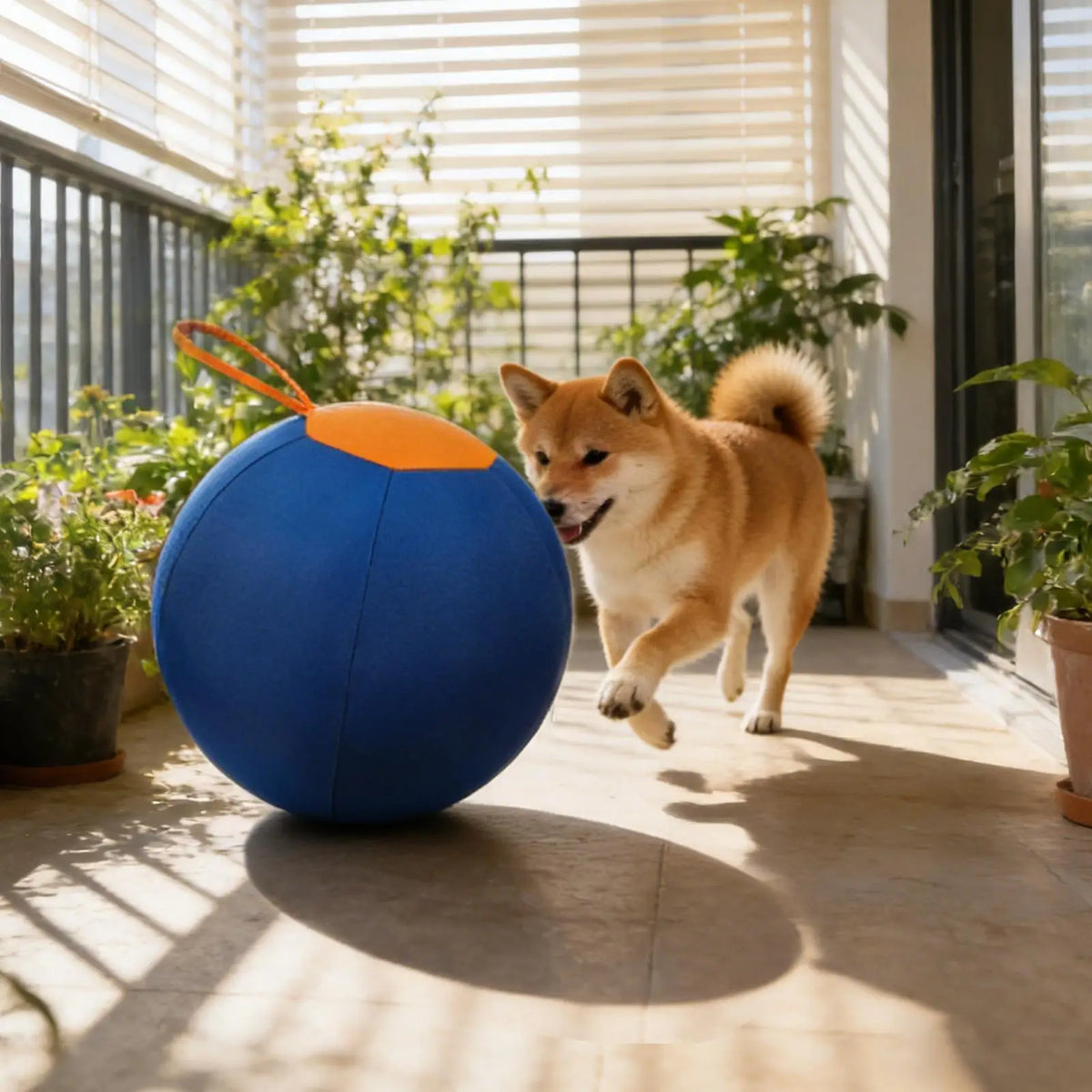 A fluffy orange dog is running toward a large blue and orange interactive herding ball indoors near a window.