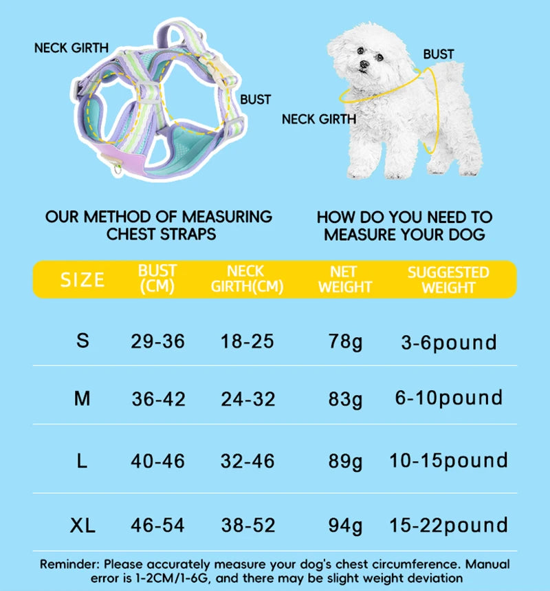 Diagram showing how to measure a dog's chest straps for different sizes of the adjustable no-pull dog harness.