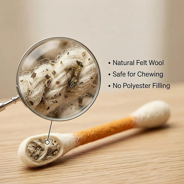 A magnifying glass shows natural felt wool stuffing and a wand toy for cats.