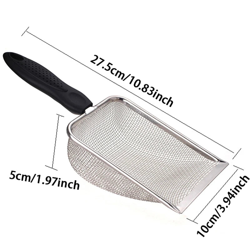 Stainless steel pet poop shovel with a black handle and mesh surface for cleaning terrariums