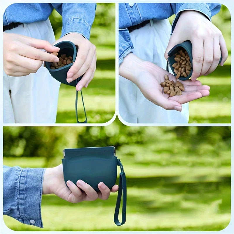 Hands holding a dark silicone pouch filled with dog treats outdoors