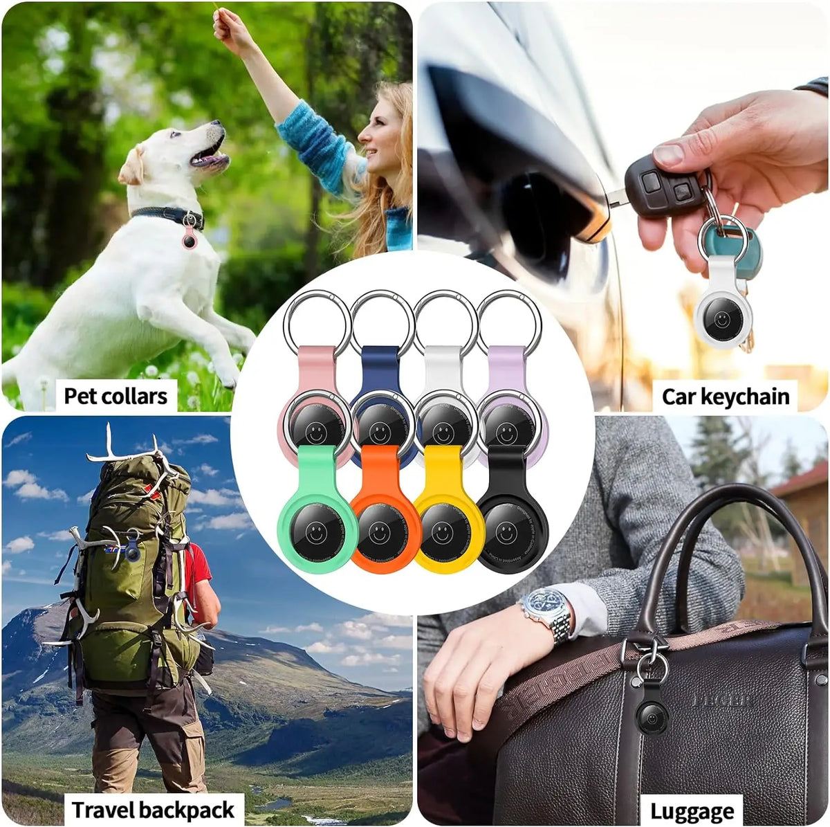 Various products including dog collars, a car keychain, a travel backpack, and luggage.