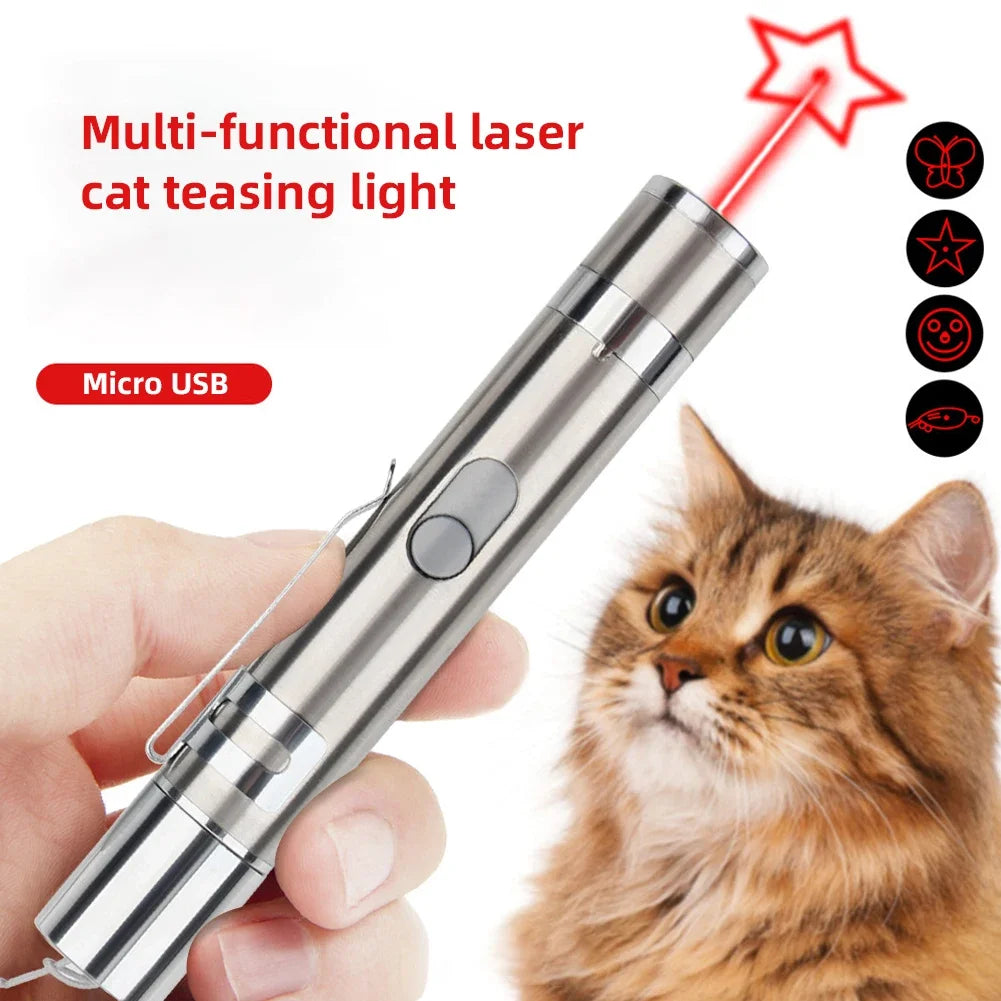 A hand holds a multi-functional laser cat teasing light device, pointing a red beam at a cat.
