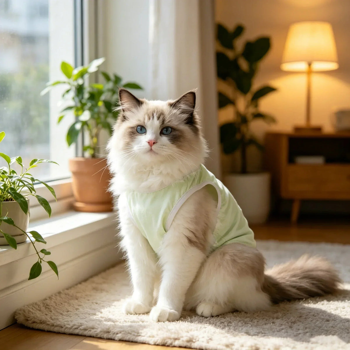 A fluffy light brown and white cat is sitting on a cream rug near a window.