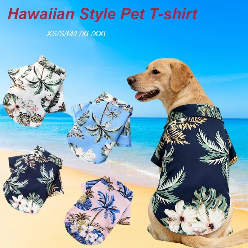A golden retriever wearing a dark blue Hawaiian style pet t-shirt, with several folded shirts displayed nearby on a beach.