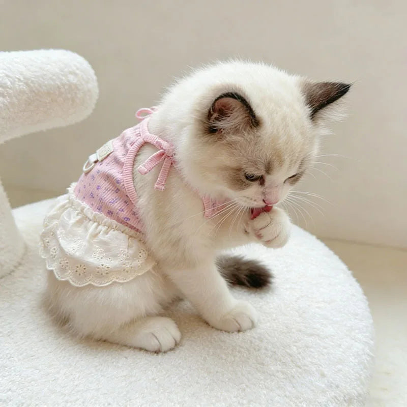 A small white kitten wearing a pink floral print dress with thin straps, sitting on a white fluffy surface.