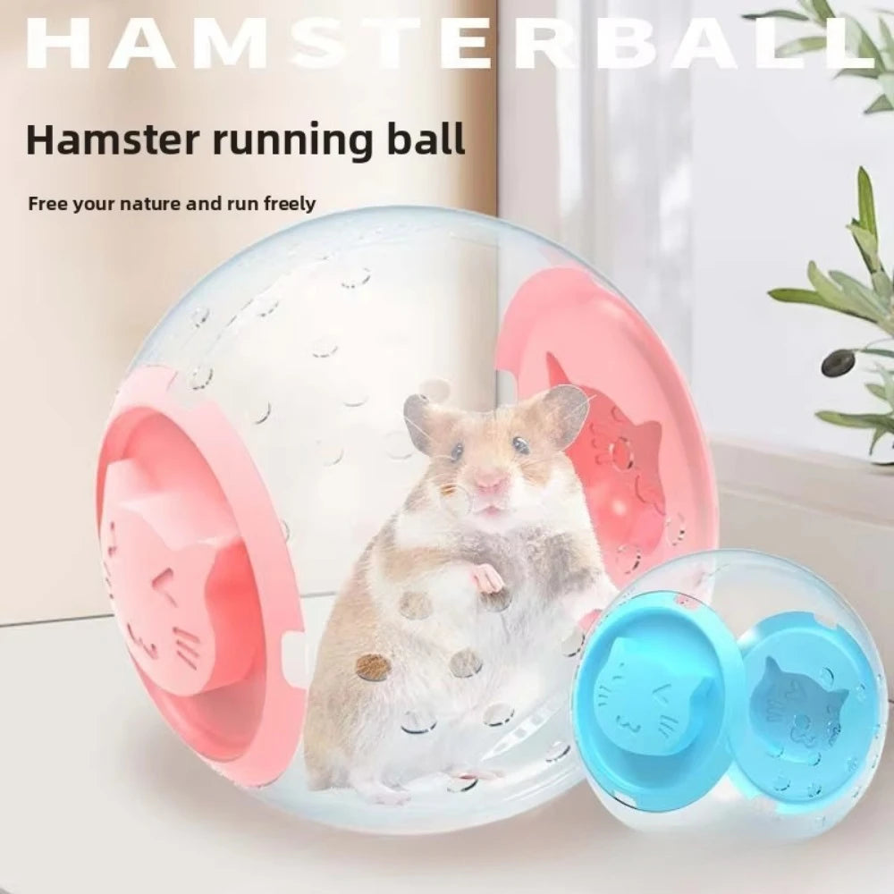 A light blue plastic ball with pink accents is shown containing a hamster, used for exercise and play.