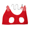 Red pet nail trimming hammock for cats with a metal clip and scissor tool