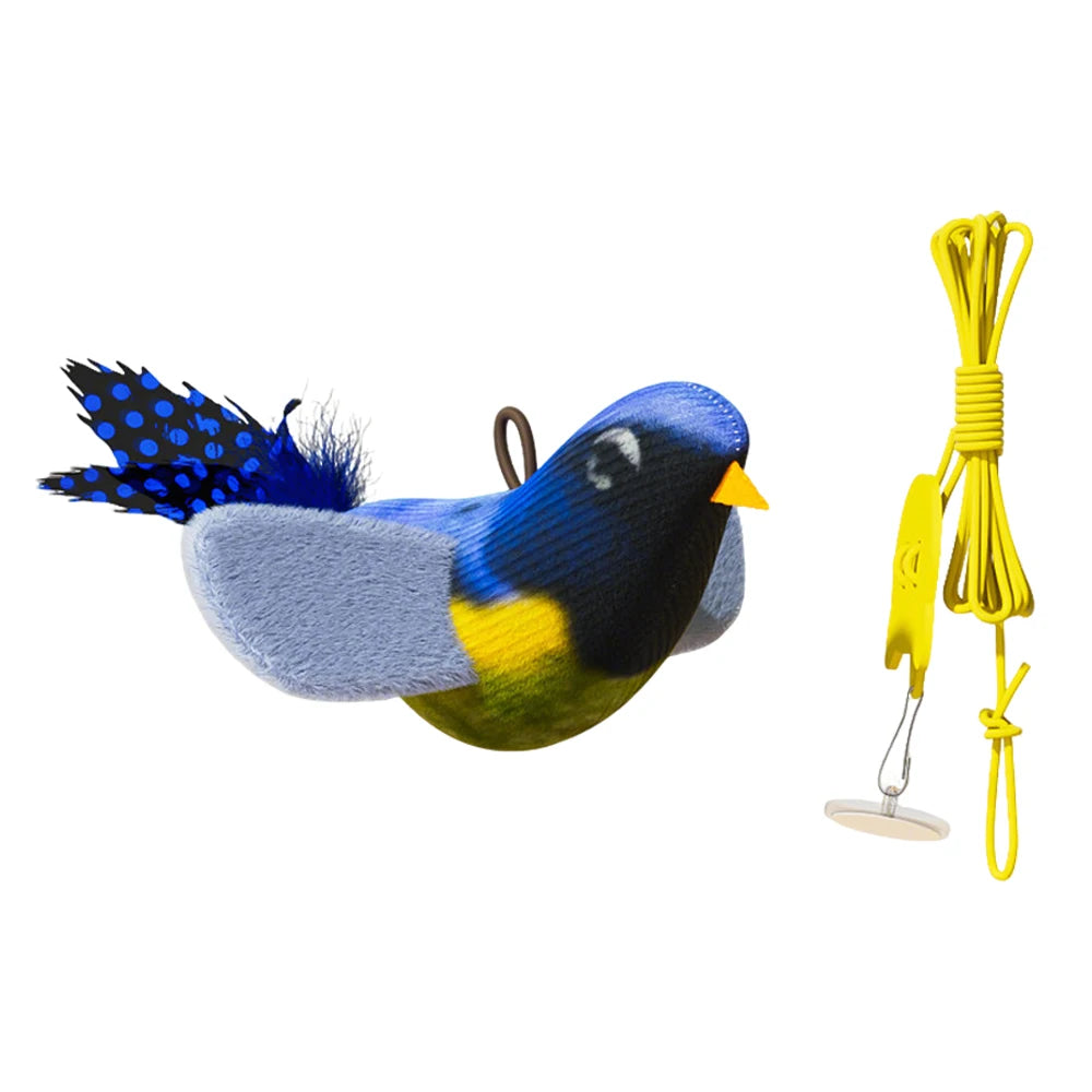 A blue and yellow rolling cat toy with a black beak and feathers, attached to a yellow string.