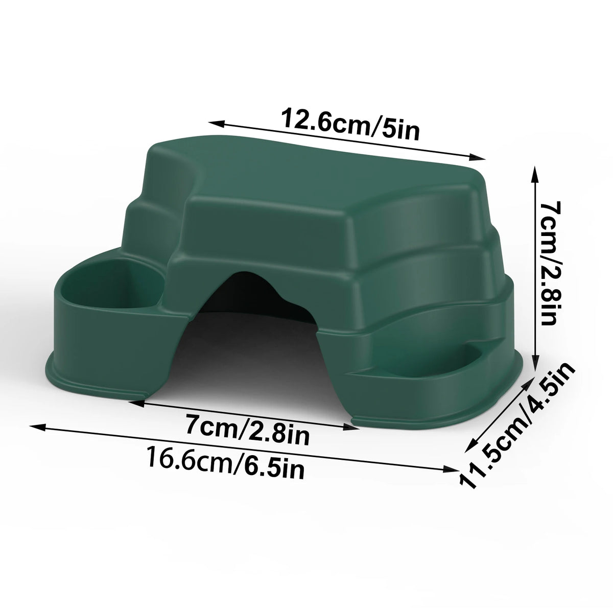 A dark green reptile hide cave decoration featuring food bowls, shown from the side.