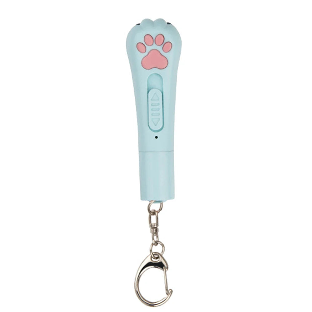 Light blue pet laser pointer toy with a pink paw shape and a metal clip.