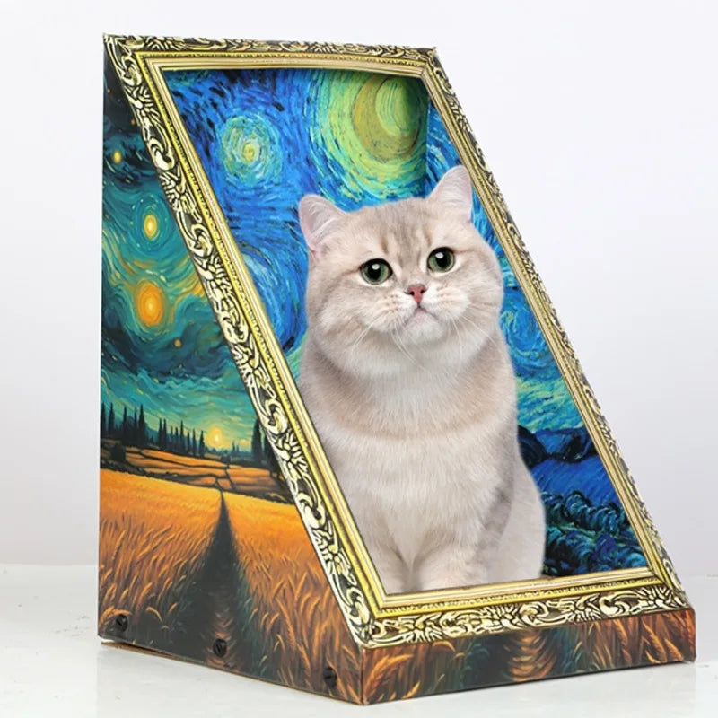 A light-colored cat is featured in a framed artwork depicting a starry night sky and landscape.