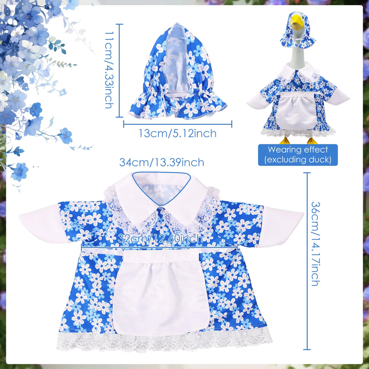 Weiß-blaues, blumiges Porzellan-Ganskostüm-Set für Garten-Dekoration, flach und auf einem Mannequin gezeigt.