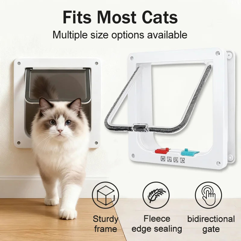Weiße wetterfeste Klapptür für Katzen mit grauem Stoffpanel und stabilem Rahmen.