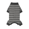 A dark gray and white striped four-legged pet jumpsuit with a ribbed collar.