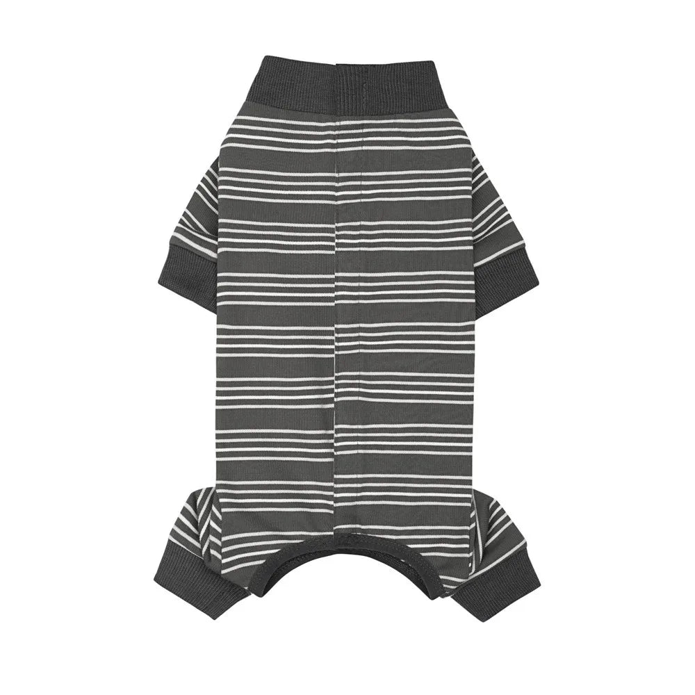 A dark gray and white striped four-legged pet jumpsuit with a ribbed collar.