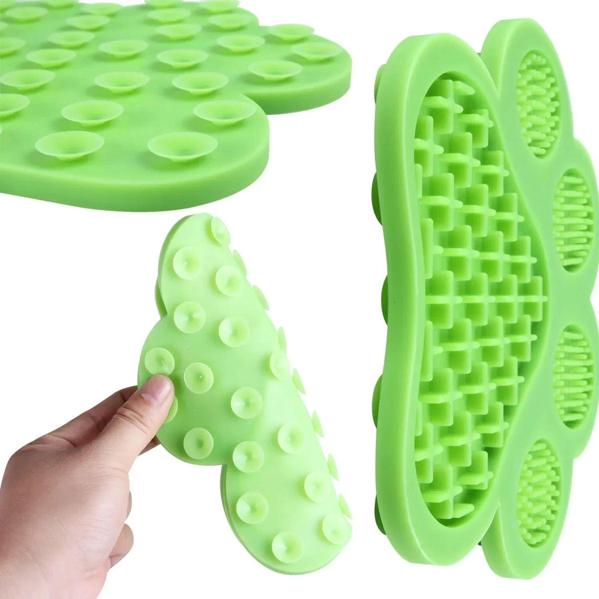 A bright green silicone pet licking mat with suction cups is shown being held by a hand.