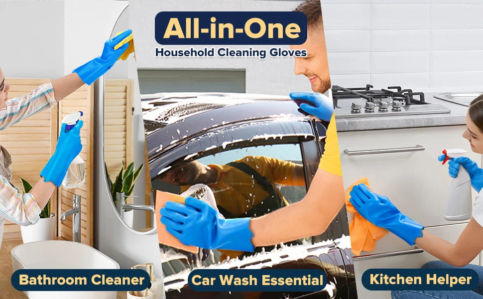 A collection of household cleaning gloves used for bathroom, car wash, and kitchen tasks.