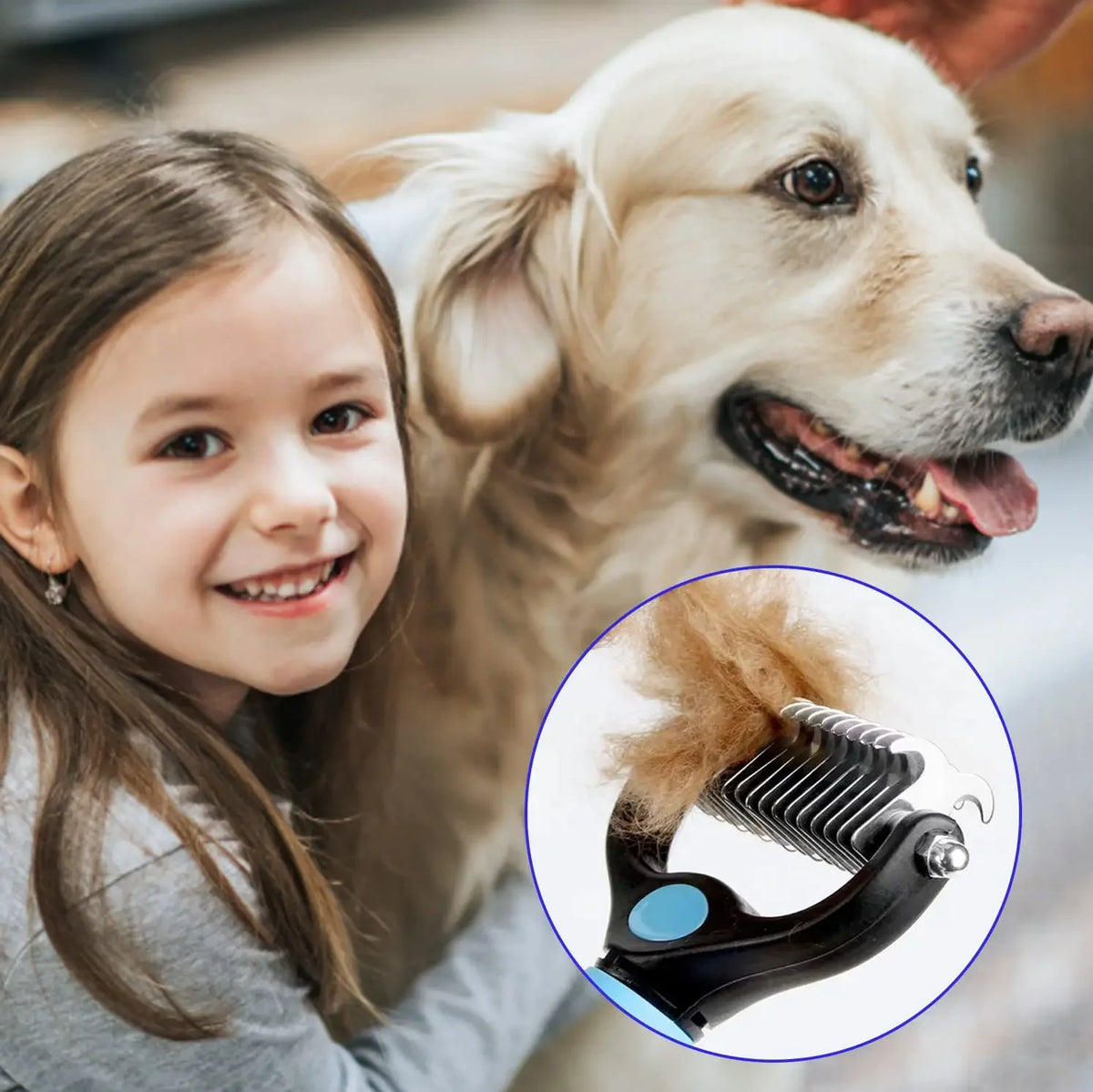 A young girl is holding a golden retriever while demonstrating a stainless steel pet deshedding comb.