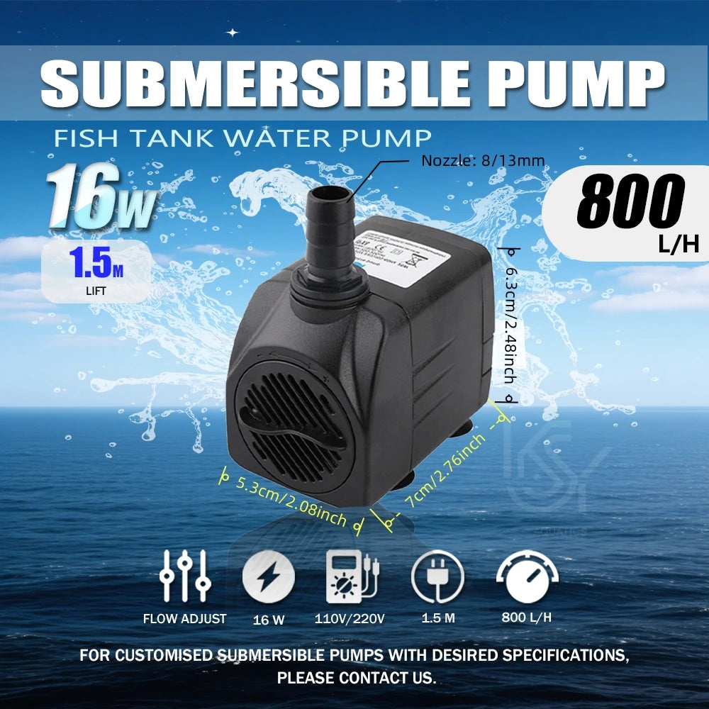 A black submersible pump for a fish tank, showing specifications like 16W power and 800 L/H flow.