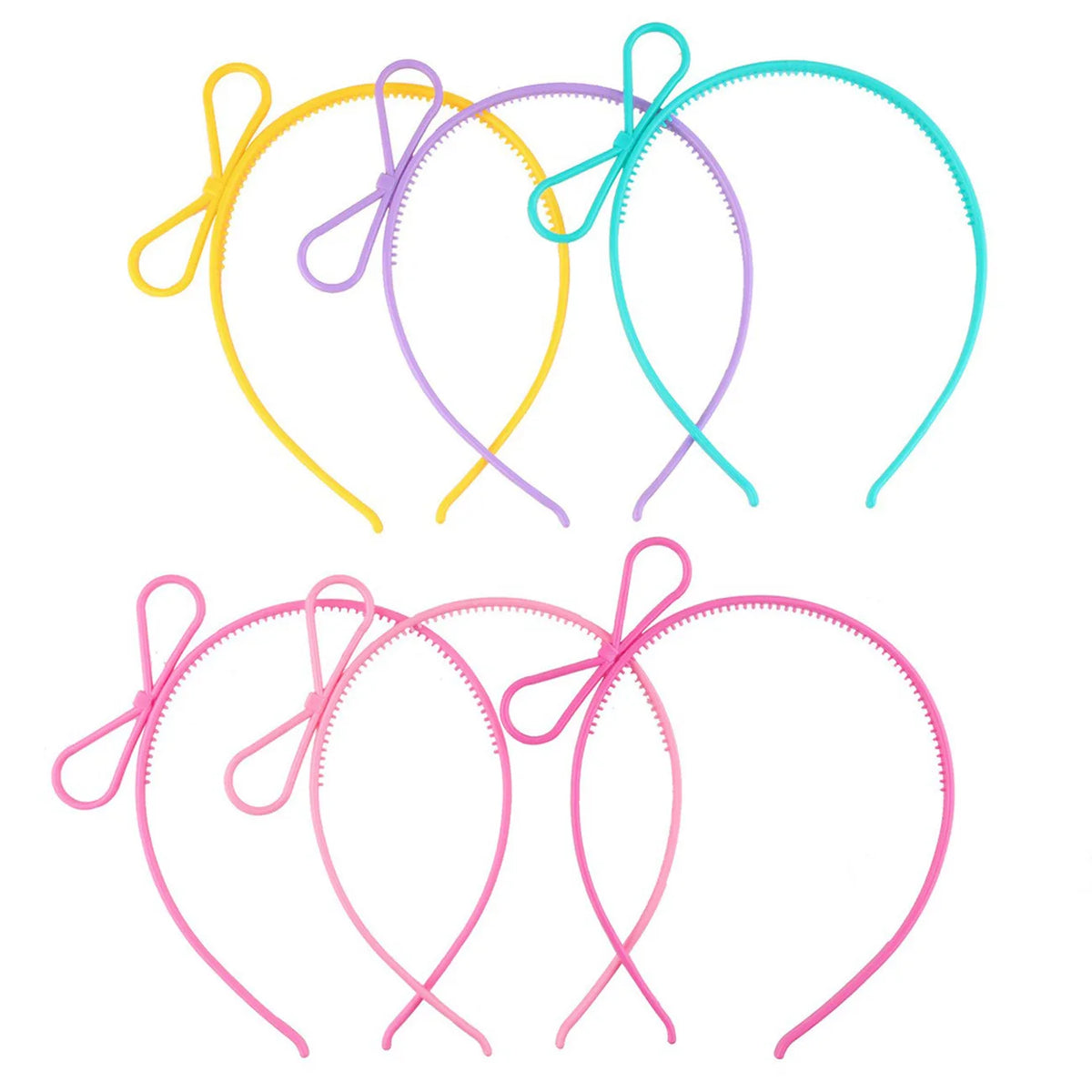 A set of five colorful cat ear headbands for girls and kids in yellow, purple, teal, and pink.