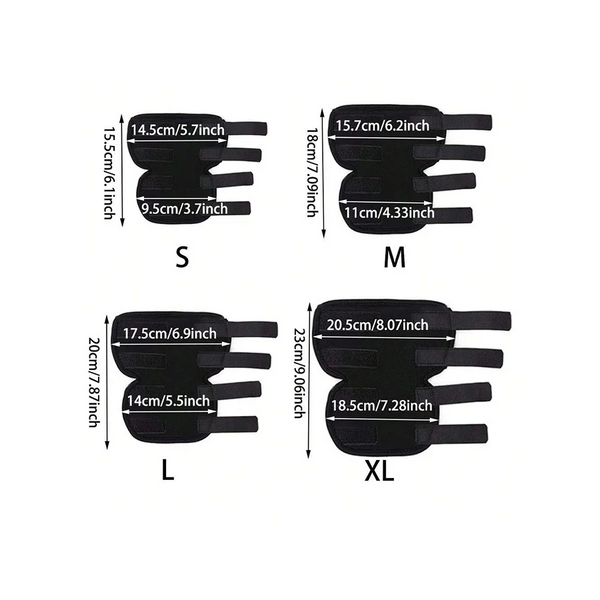 Diagram showing size measurements for S, M, L, and XL pet knee support braces.