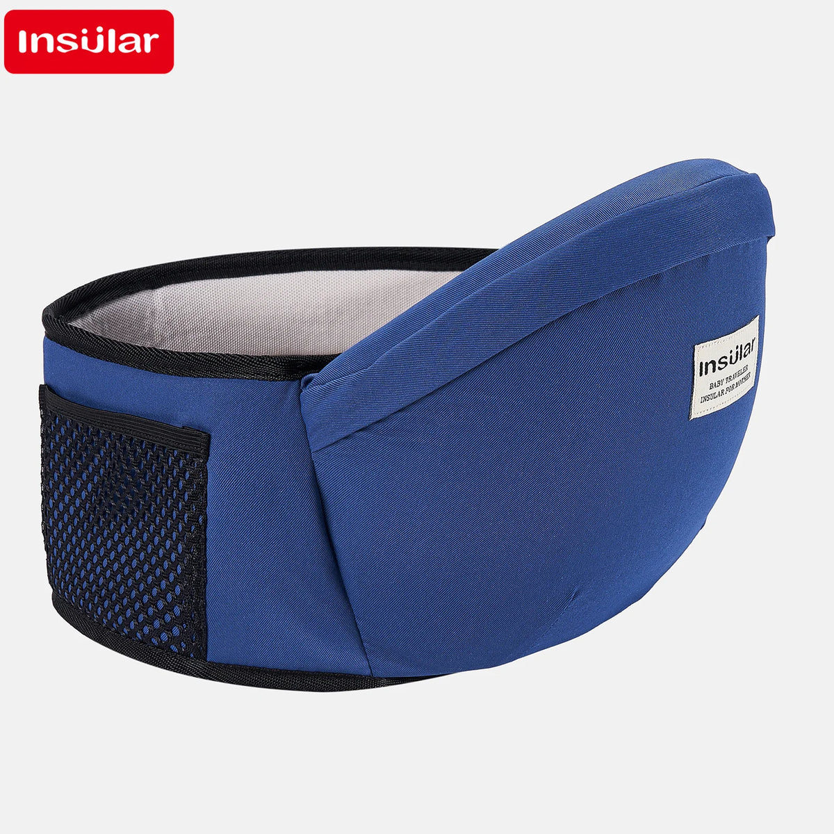 Marineblaue, verstellbare Babytrage mit Hüftgurt, graue Futter.